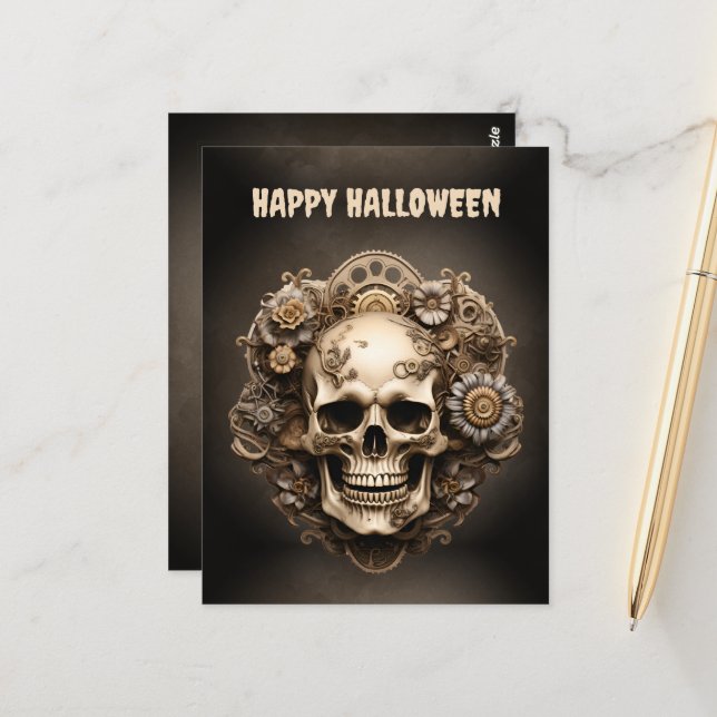 Cartão Postal Feliz Halloween Steampunk Skeleton (Frente/Verso In Situ)