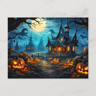 Cartão Postal Feliz Halloween Terrível Casa Assombrada e Pumpkin