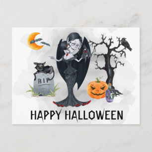 Cartão Postal Feliz Halloween Vampiro Aquarela