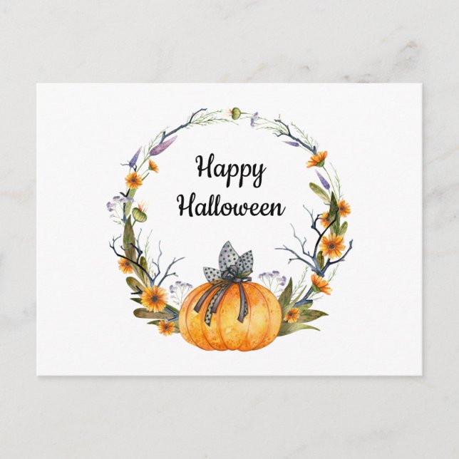Cartão Postal Feliz Halloween Watercolor Pumpkin Wreath (Frente)