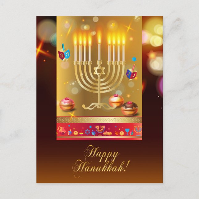 Cartão Postal Feliz Hanukkah Bela Festa Judaica (Frente)