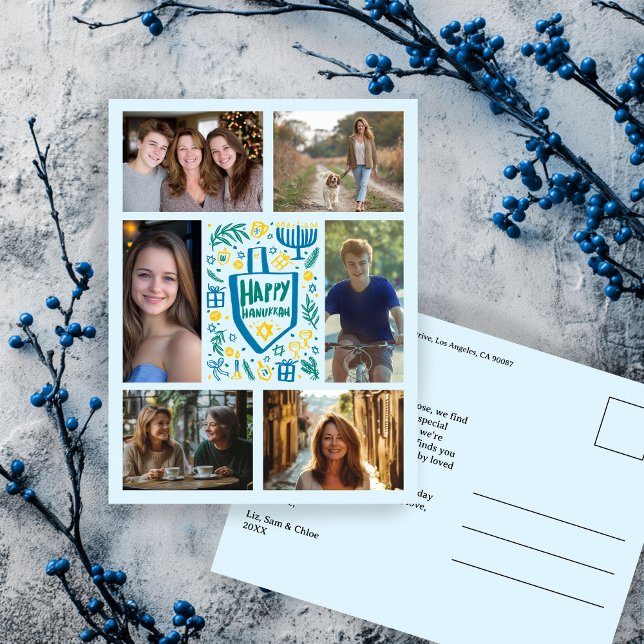 Cartão Postal FELIZ HANUKKAH Doodle CUSTOM 6 PHOTO Holiday (HAPPY HANUKKAH Doodle CUSTOM 6 PHOTO Collage Cute jewish Holiday Postcard
)