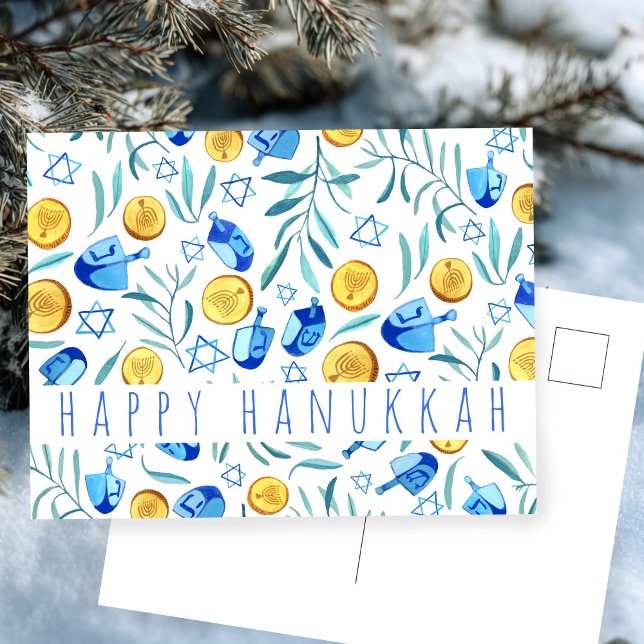 Cartão Postal Feliz Hanukkah Driedel Gelt Aquarela PERSONALIZADO (Happy Hanukkah Driedel Gelt Watercolor CUSTOM Postcard
)