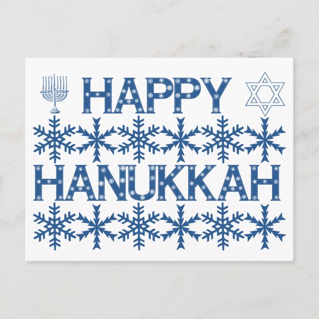 Cartão Postal Feliz Hanukkah Estrela de Davi Menorá Flocos de Ne (Frente)