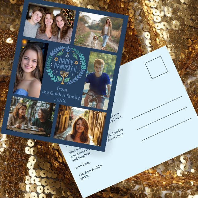 Cartão Postal FELIZ HANUKKAH Feriado 6 FOTO PERSONALIZADO, desen (HAPPY HANUKKAH Hand-Drawn CUSTOM 6 PHOTO Holiday Postcard
)