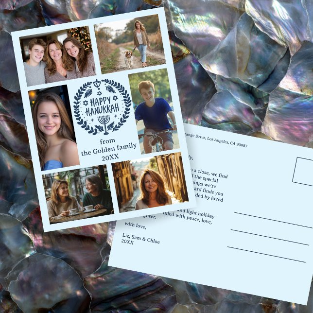 Cartão Postal FELIZ HANUKKAH Feriado 6 FOTO PERSONALIZADO, desen (HAPPY HANUKKAH Hand-Drawn wreath CUSTOM 6 PHOTO Collage Holiday Postcard
)