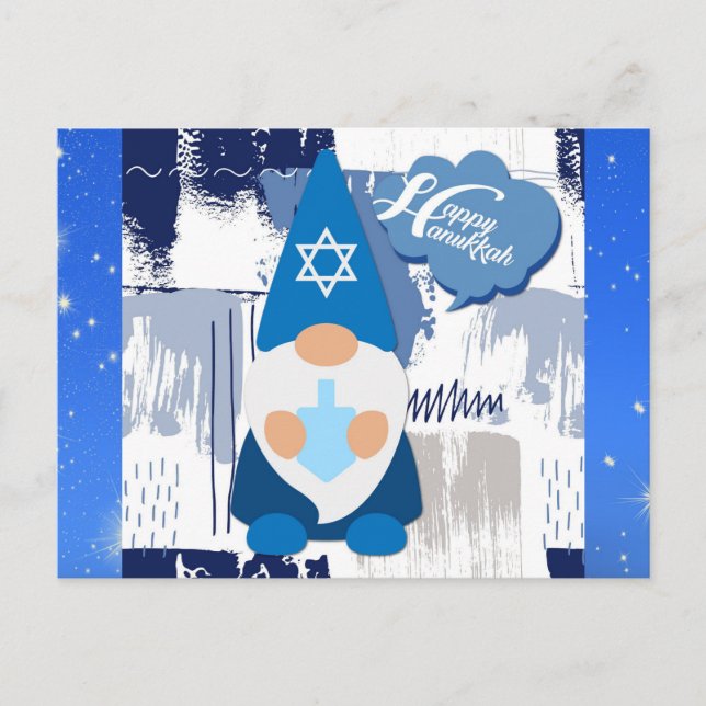 Cartão Postal Feliz Hanukkah Gnome Dreidel Cute Azul (Frente)