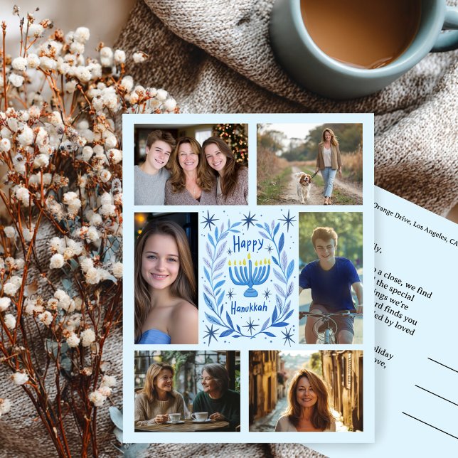 Cartão Postal FELIZ HANUKKAH PERSONALIZADO 6 Férias FOTO (HAPPY HANUKKAH CUSTOM 6 PHOTO Collage Holiday Postcard
)