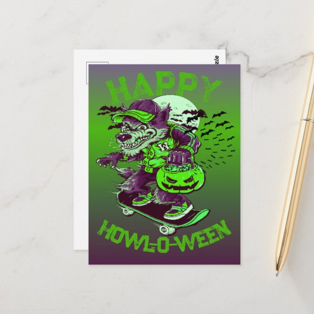 Cartão Postal Feliz Howl-o-entre Wolf Andando em skate (Frente/Verso In Situ)
