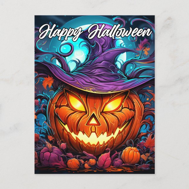 Cartão Postal Feliz Ilustração de Abóbora Nefariada de Halloween (Frente)