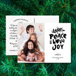 Cartão Postal Feliz Joy, Foto da Família<br><div class="desc">Espalhe alegria de férias com este cartão-postal com a festiva arte tipográfica escrita letal que lê "Joy do Amor pela Paz". Personalize carregando sua foto vertical. O backside apresenta as saudações, o nome e a nota personalizados (ou apagar para deixar espaço para uma nota manuscrita). Adicione seu endereço de devolução...</div>