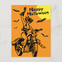 Cartão Postal Feliz moto de Halloween, traje de gato