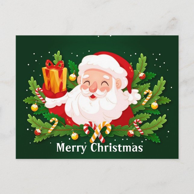 Cartão Postal Feliz Natal (Illustration of a smiling Santa Claus holding a gift, surrounded by Christmas decorations!)