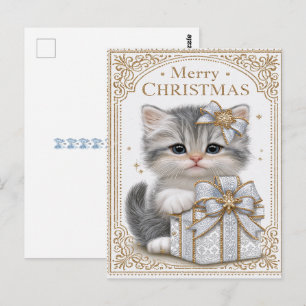Cartão Postal Feliz Natal Adorável Gatinho Fitas Azuis