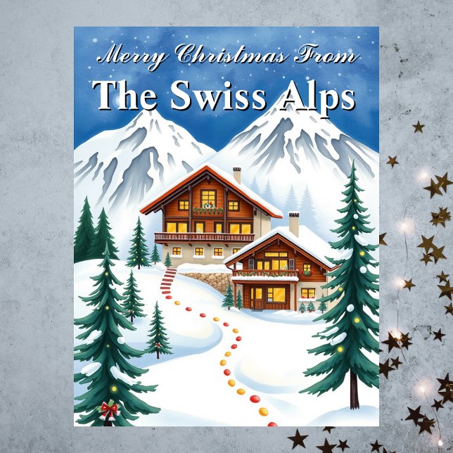 Cartão Postal Feliz Natal Alpes Suíços Chalé de Inverno Férias (Merry Christmas Swiss Alps Winter Chalet Holiday Postcard
)