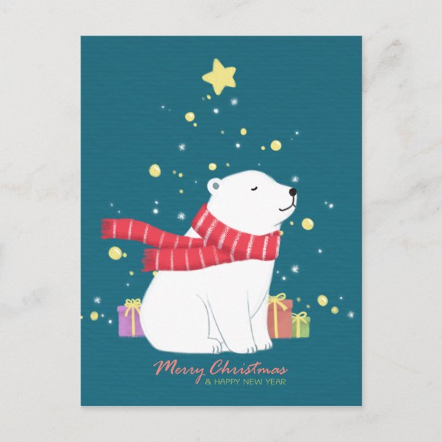Cartão Postal Feliz Natal: Arte de Ilustração do Urso Polar (Frente)