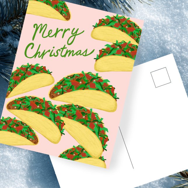 Cartão Postal FELIZ NATAL Avalanche de Taco Férias Deliciosas (MERRY CHRISTMAS Taco Avalanche Delicious Holiday Pink Green Red Postcard
)