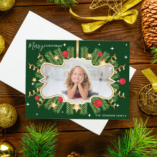 Cartão Postal Feliz Natal Bela Grinalda Verde Dourada de Foto