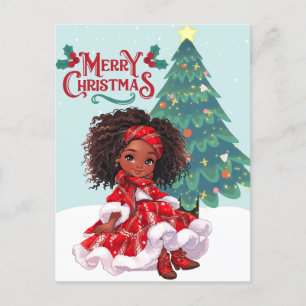 Cartão Postal Feliz Natal Black Girl Melanin Girls Xmas Red