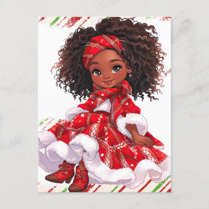 Cartão Postal Feliz Natal Black Girl Melanin Girls Xmas Red
