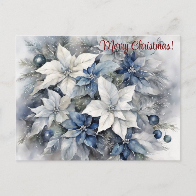 Cartão Postal Feliz Natal Blue Silver Poinsettia (Frente)