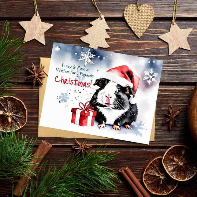 Cartão Postal Feliz Natal - Boas-vindas a porquinho da Índia (Guinea pig Christmas greeting postcard cute watercolor Guinea pig wearing Santa hat with a gift)