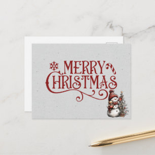 Cartão Postal Feliz Natal Boneco de Neve Decorando a Árvore