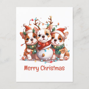 Cartão Postal Feliz Natal Bulldog Inglês Rena Papai Noel