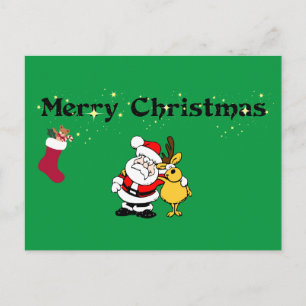 Cartão Postal Feliz Natal! c/ Papai Noel e Rena Postcard