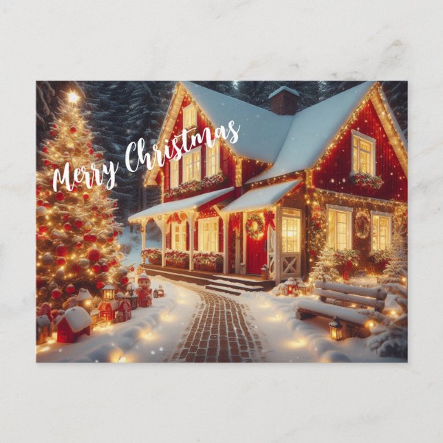 Cartão Postal Feliz Natal - Casa Luz e Árvore de Natal (Frente)