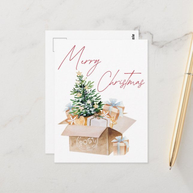Cartão Postal Feliz Natal com Árvore de Natal e presentes (Frente/Verso In Situ)