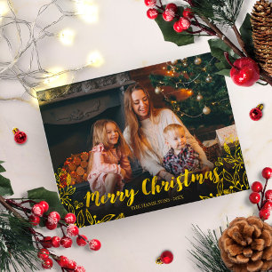 Cartão Postal Feliz Natal com Folhagem de Folha de Ouro Fofo