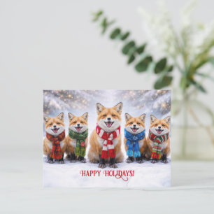 Cartão Postal Feliz Natal com Raposas Felizes na Neve