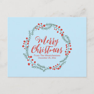 Cartão Postal Feliz Natal coroa rústica em letra cursiva azul cl