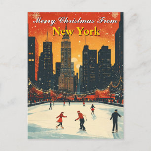 Cartão Postal Feliz Natal de Nova York - Pista de Gelo Retro