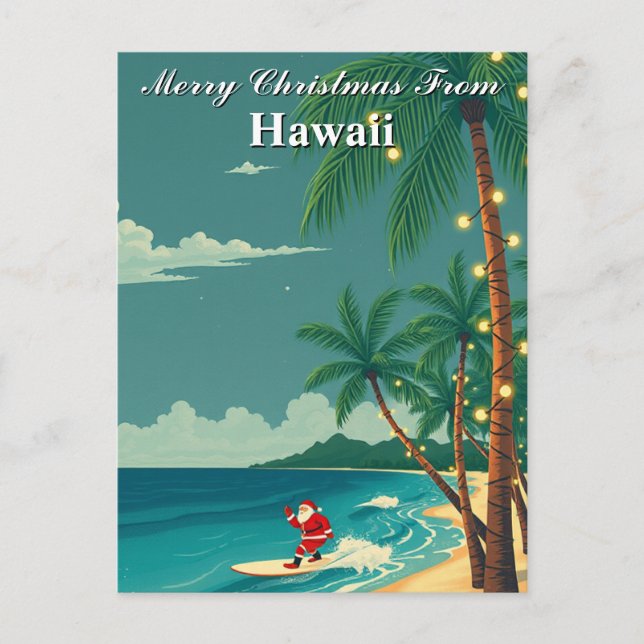 Cartão Postal Feliz Natal do Havaí Tropical Papai Noel Surfando (Frente)