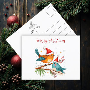 Cartão Postal Feliz Natal Dois Pássaros Adoráveis