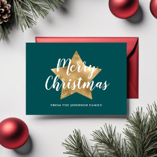 Cartão Postal Feliz Natal Dourado Estrela Verde