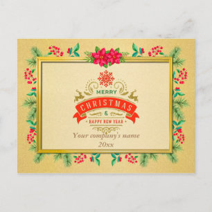 Cartão Postal Feliz Natal e Feliz Ano Novo Moldura Dourada