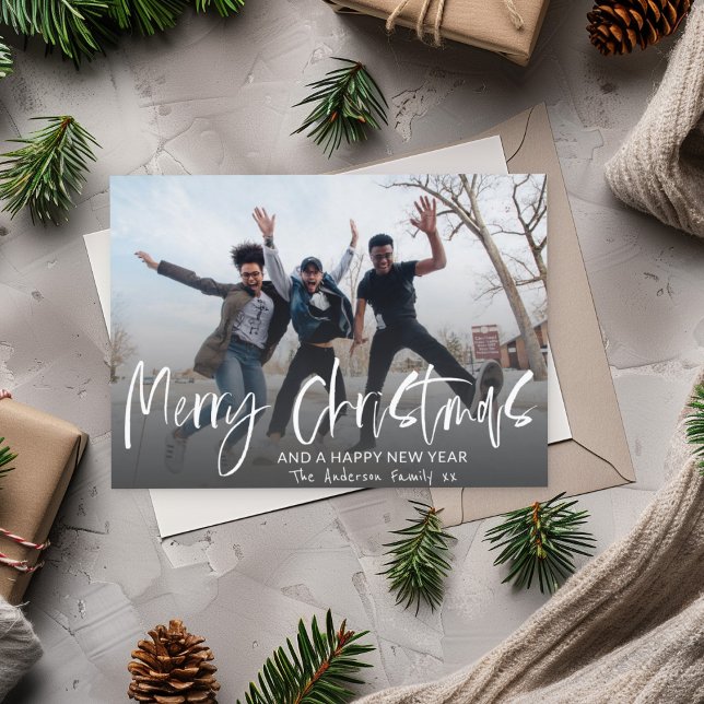 Cartão Postal Feliz Natal Elegante Caligrafia 1 Foto Holida (Criador carregado)