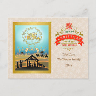 Cartão Postal Feliz Natal em ouro & Feliz Ano Novo & Floco de ne
