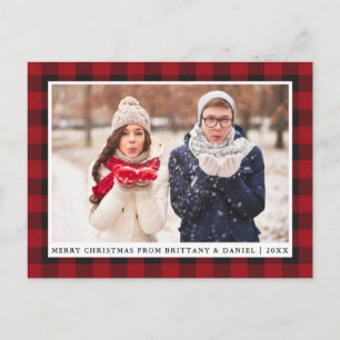 Cartão Postal Feliz Natal em Xadrez Vermelho Rústico para Casal