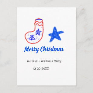 Cartão Postal Feliz Natal estrela azul meias vermelhas nome data