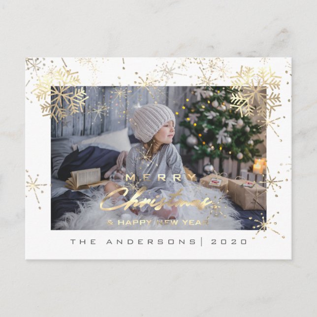 Cartão Postal Feliz Natal Feliz Ano Dourado Flocos de Neve Foto (Frente)