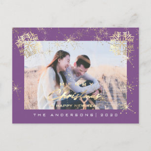 Cartão Postal Feliz Natal Feliz Ano Dourado Flocos de Neve Roxo