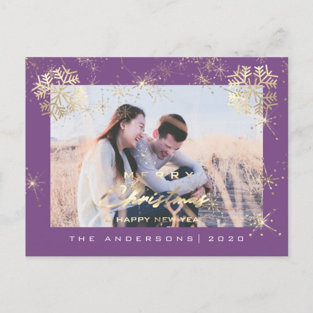 Cartão Postal Feliz Natal Feliz Ano Dourado Flocos de Neve Roxo (Frente)