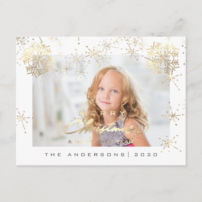 Cartão Postal Feliz Natal Feliz Ano Dourado Foto Branca de Neve (Frente)