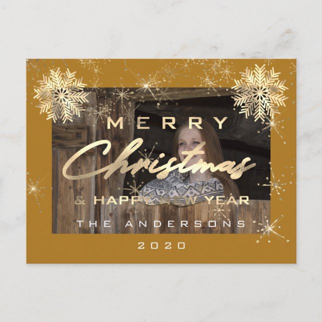 Cartão Postal Feliz Natal Feliz Novo Ano Foto de Flocos de Neve (Frente)