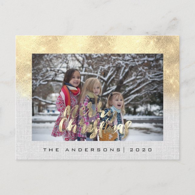 Cartão Postal Feliz Natal Feriado Dourado Cinza Fotográfica de A (Frente)