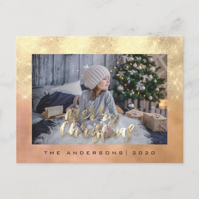 Cartão Postal Feliz Natal Feriado Dourado Rosa de Foto de Algodã (Frente)